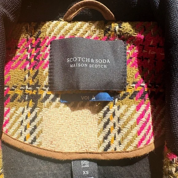 Scotch & Soda Mustard, Pink & Black Plaid Pea Coat - Picture 3 of 4